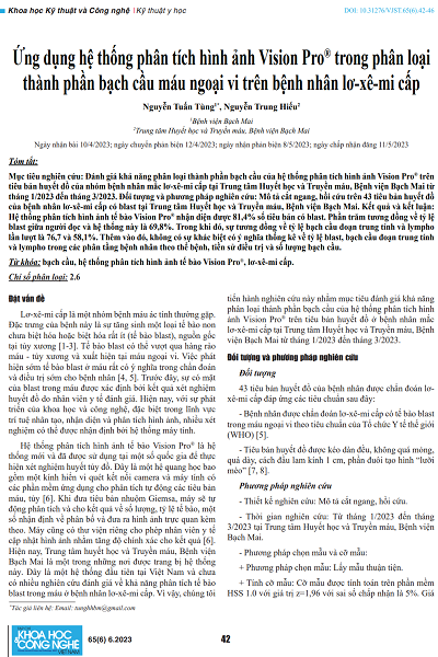 Ứng dụng hệ thống phân tích hình ảnh Vision Pro® trong phân loại thành phần bạch cầu máu ngoại vi trên bệnh nhân lơ-xê-mi cấp