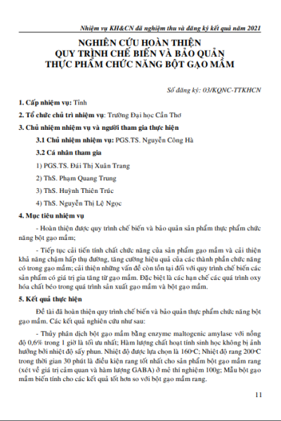 Nghiên cứu hoàn thiện quy trình chế biến và bảo quản thực phẩm chức năng bột gạo mầm