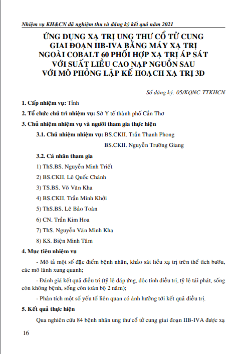 Ứng dụng xạ trị ung thư cổ tử cung giai đoạn IIB-IVA bằng máy xạ trị ngoài Cobalt 60 phối hợp xạ trị áp sát với suất liều cao nạp nguồn sau với...