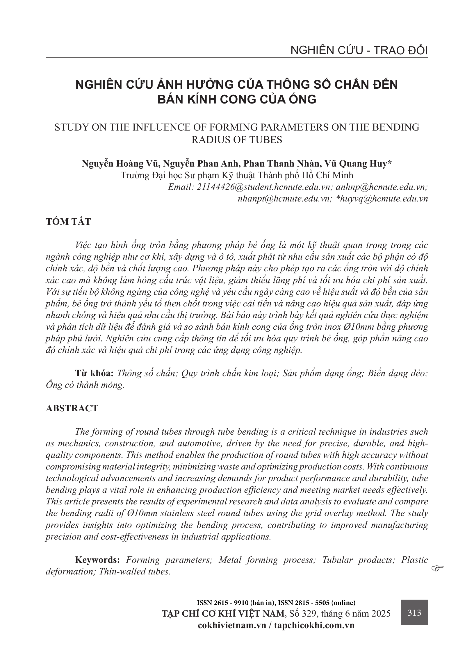 Nghiên cứu ảnh hưởng của thông số chấn đến bán kính cong của ống