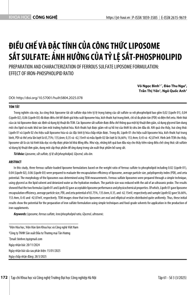 Điều chế và đặc tính của công thức liposome sắt sulfate: Ảnh hưởng của tỷ lệ sắt-phospholipid
