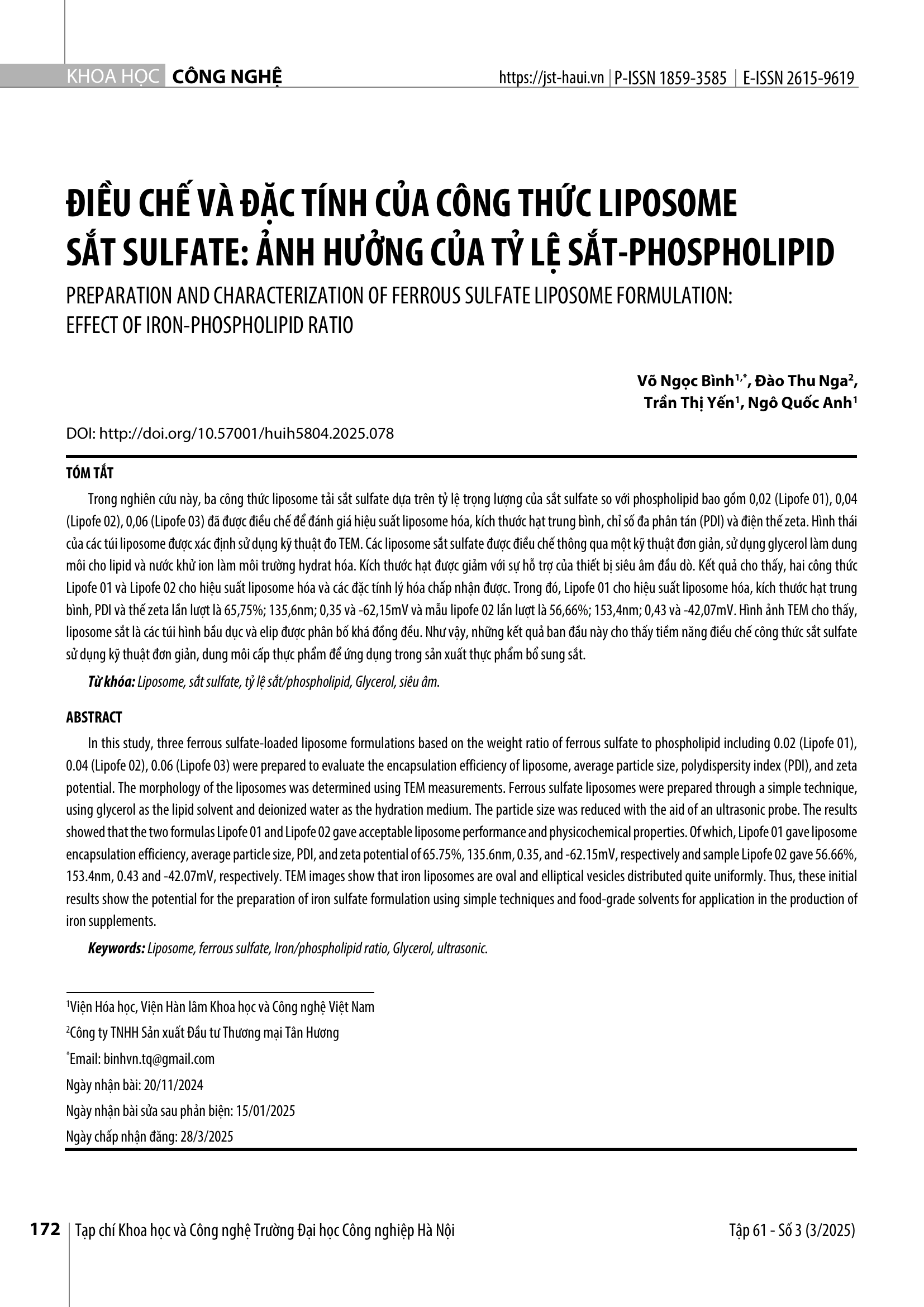 Điều chế và đặc tính của công thức liposome sắt sulfate: Ảnh hưởng của tỷ lệ sắt-phospholipid