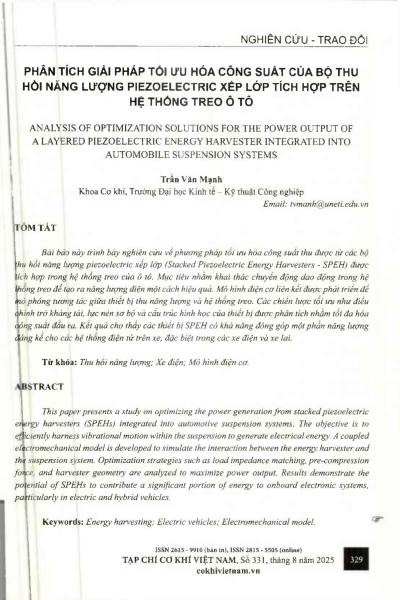 Phân tích giải pháp tối ưu hóa công suất của bộ thu hồi năng lượng piezoelectric xếp lớp tích hợp trên hệ thống treo ô tô