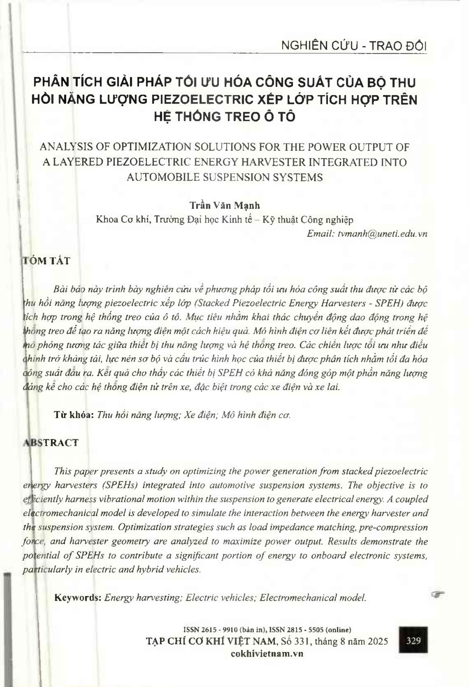 Phân tích giải pháp tối ưu hóa công suất của bộ thu hồi năng lượng piezoelectric xếp lớp tích hợp trên hệ thống treo ô tô