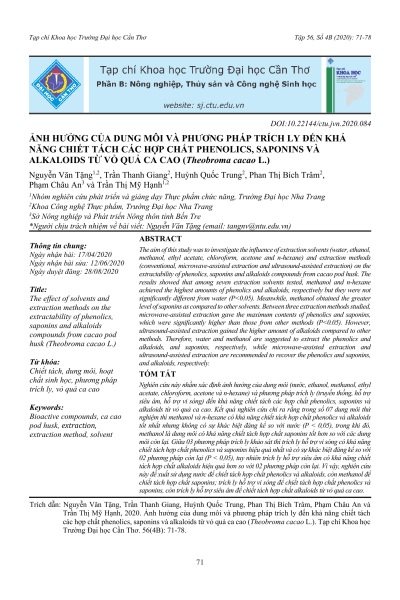 Ảnh hưởng của dung môi và phương pháp trích ly đến khả năng chiết tách các hợp chất phenolics, saponins và alkaloids từ vỏ quả ca cao (Theobroma cacao L.)