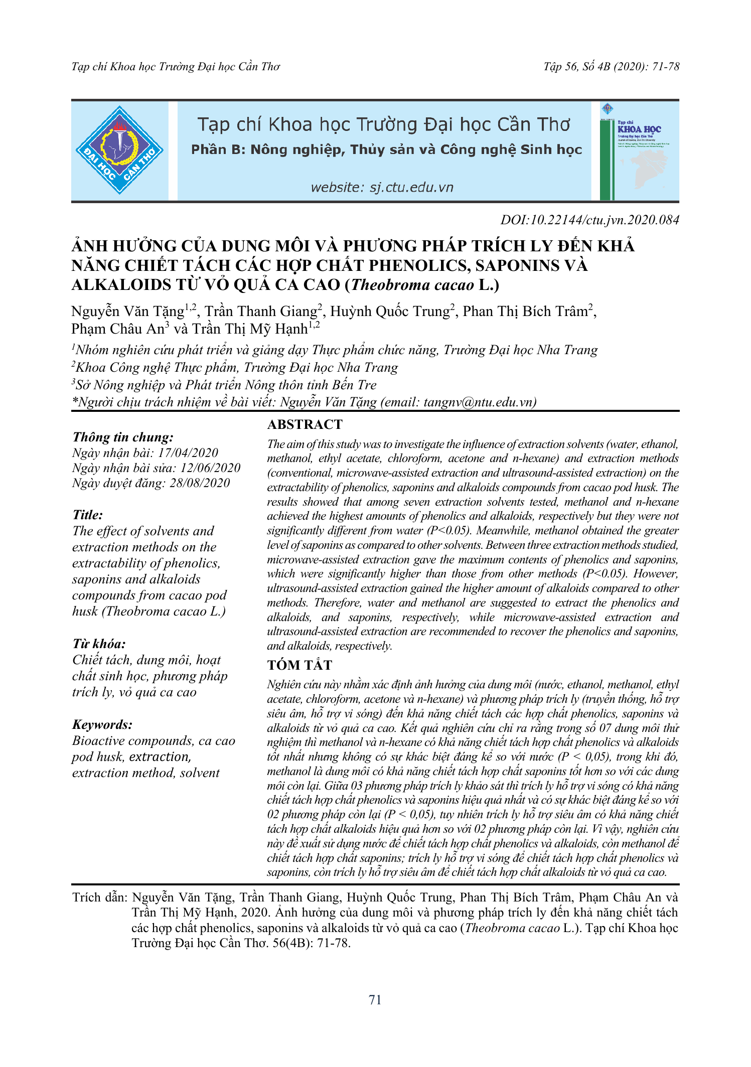 Ảnh hưởng của dung môi và phương pháp trích ly đến khả năng chiết tách các hợp chất phenolics, saponins và alkaloids từ vỏ quả ca cao (Theobroma cacao L.)