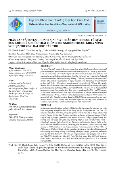 Phân lập và tuyển chọn vi sinh vật phân hủy phenol từ mẫu bùn khu chứa nước thải phòng thí nghiệm thuộc Khoa Nông nghiệp, Trường Đại học Cần Thơ