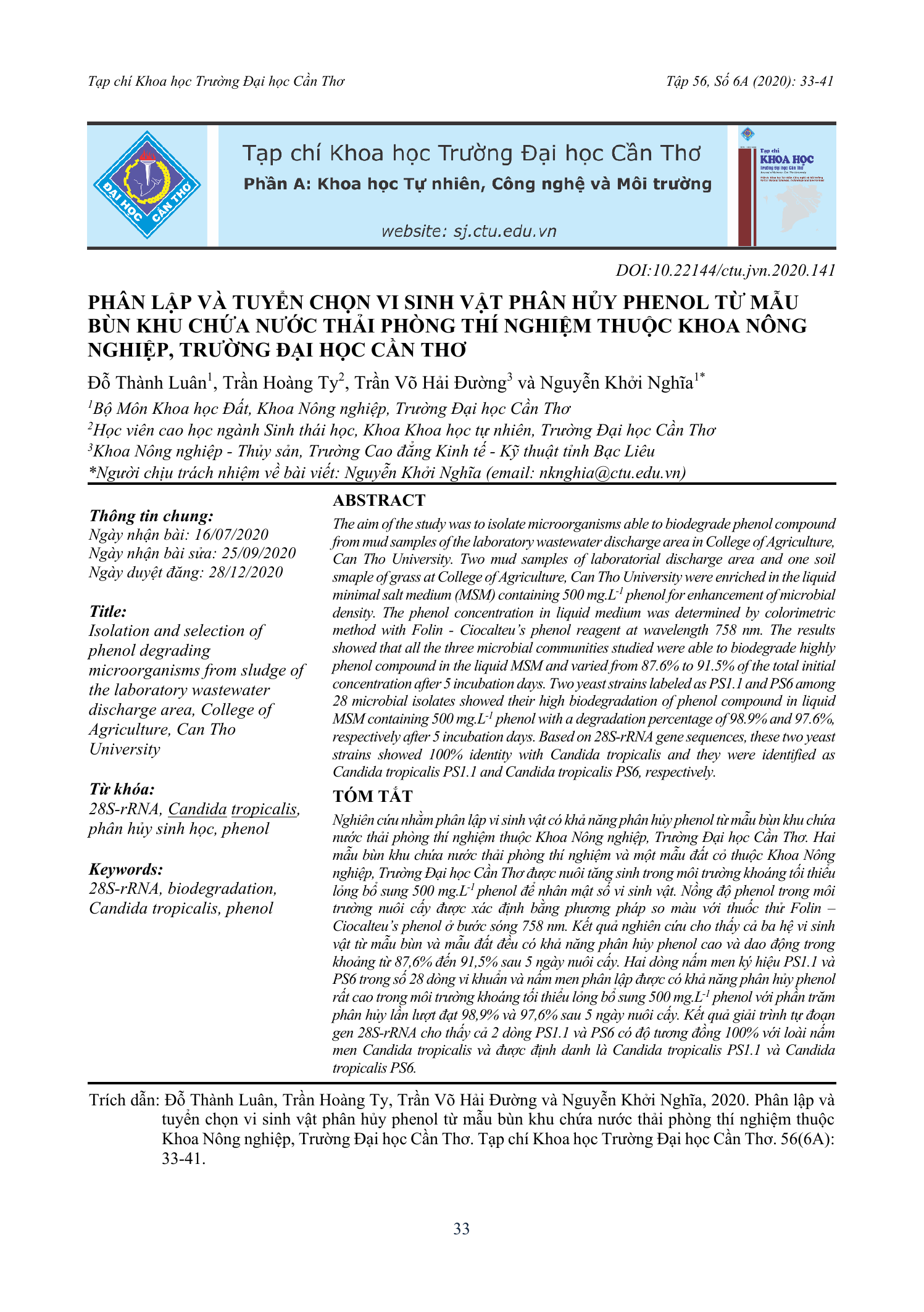 Phân lập và tuyển chọn vi sinh vật phân hủy phenol từ mẫu bùn khu chứa nước thải phòng thí nghiệm thuộc Khoa Nông nghiệp, Trường Đại học Cần Thơ