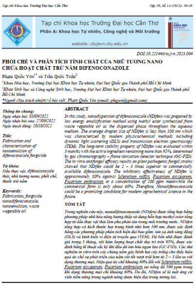 Phối chế và phân tích tính chất của nhũ tương nano chứa hoạt chất trừ nấm Difenoconazole