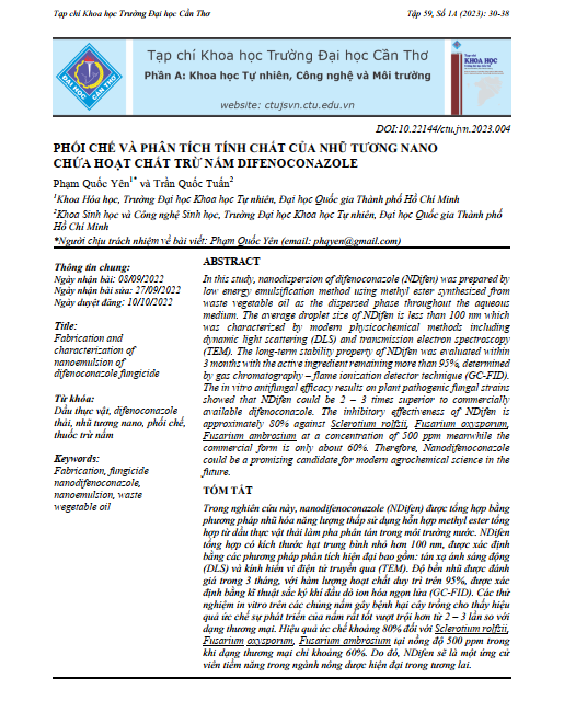 Phối chế và phân tích tính chất của nhũ tương nano chứa hoạt chất trừ nấm Difenoconazole