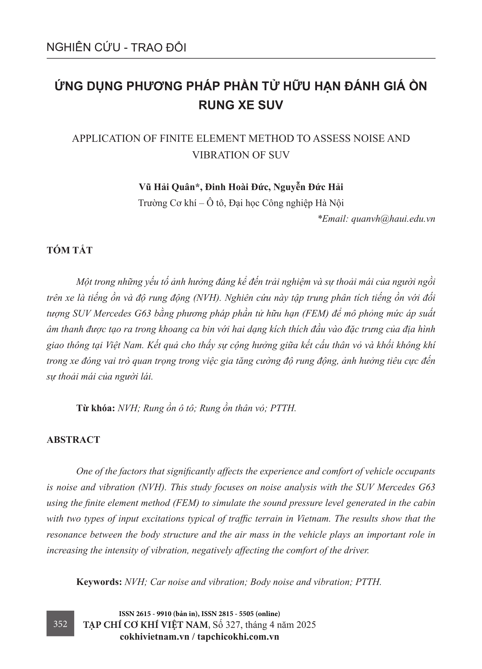 Ứng dụng phương pháp phần tử hữu hạn đánh giá ồn rung xe SUV