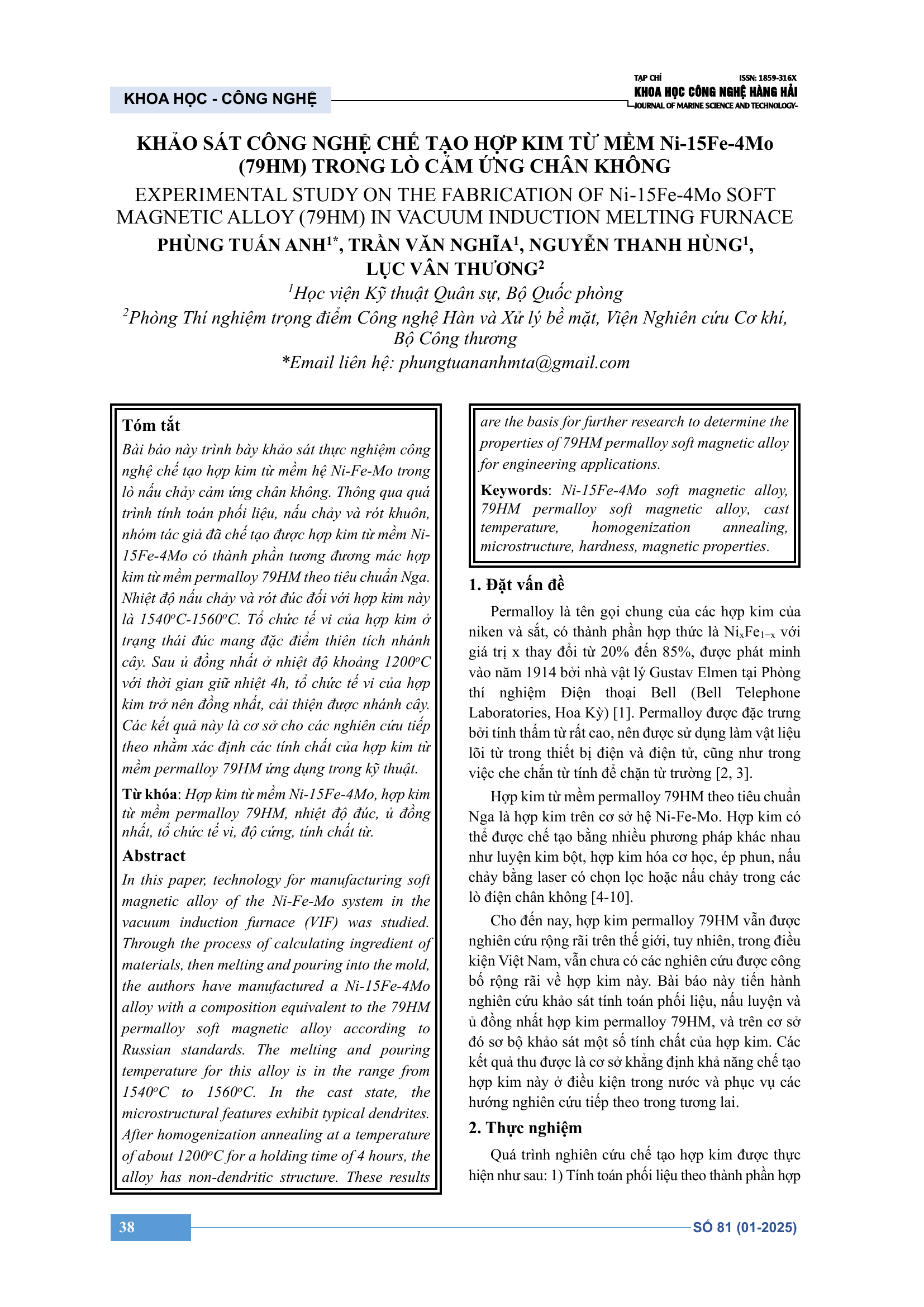 Khảo sát công nghệ chế tạo hợp kim từ mềm Ni-15Fe-4Mo (79HM) trong lò cảm ứng chân không