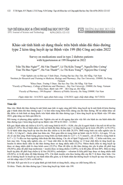 Khảo sát tình hình sử dụng thuốc trên bệnh nhân đái tháo đường type 2 kèm tăng huyết áp tại Bệnh viện 199 (Bộ Công an) năm 2022