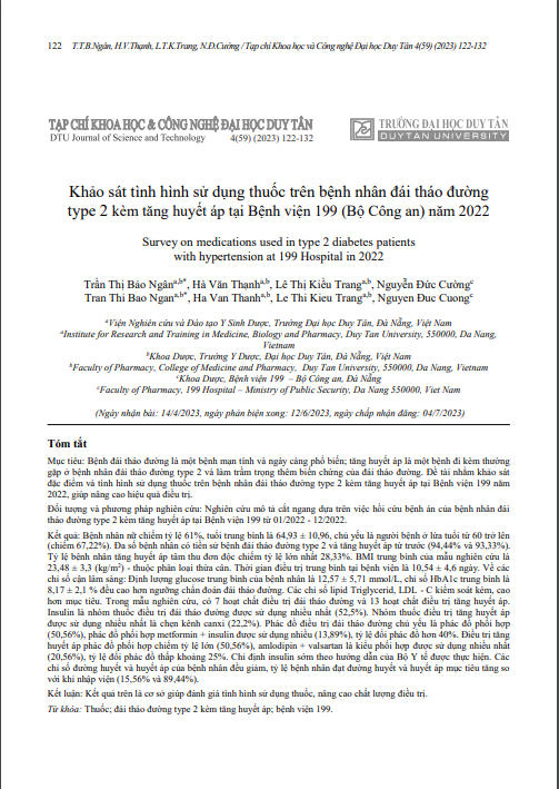 Khảo sát tình hình sử dụng thuốc trên bệnh nhân đái tháo đường type 2 kèm tăng huyết áp tại Bệnh viện 199 (Bộ Công an) năm 2022