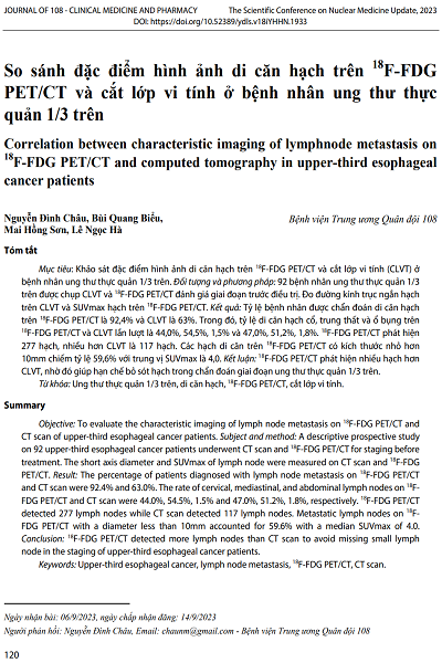 So sánh đặc điểm hình ảnh di căn hạch trên 18F-FDG PET/CT và cắt lớp vi tính ở bệnh nhân ung thư thực quản 1/3 trên
