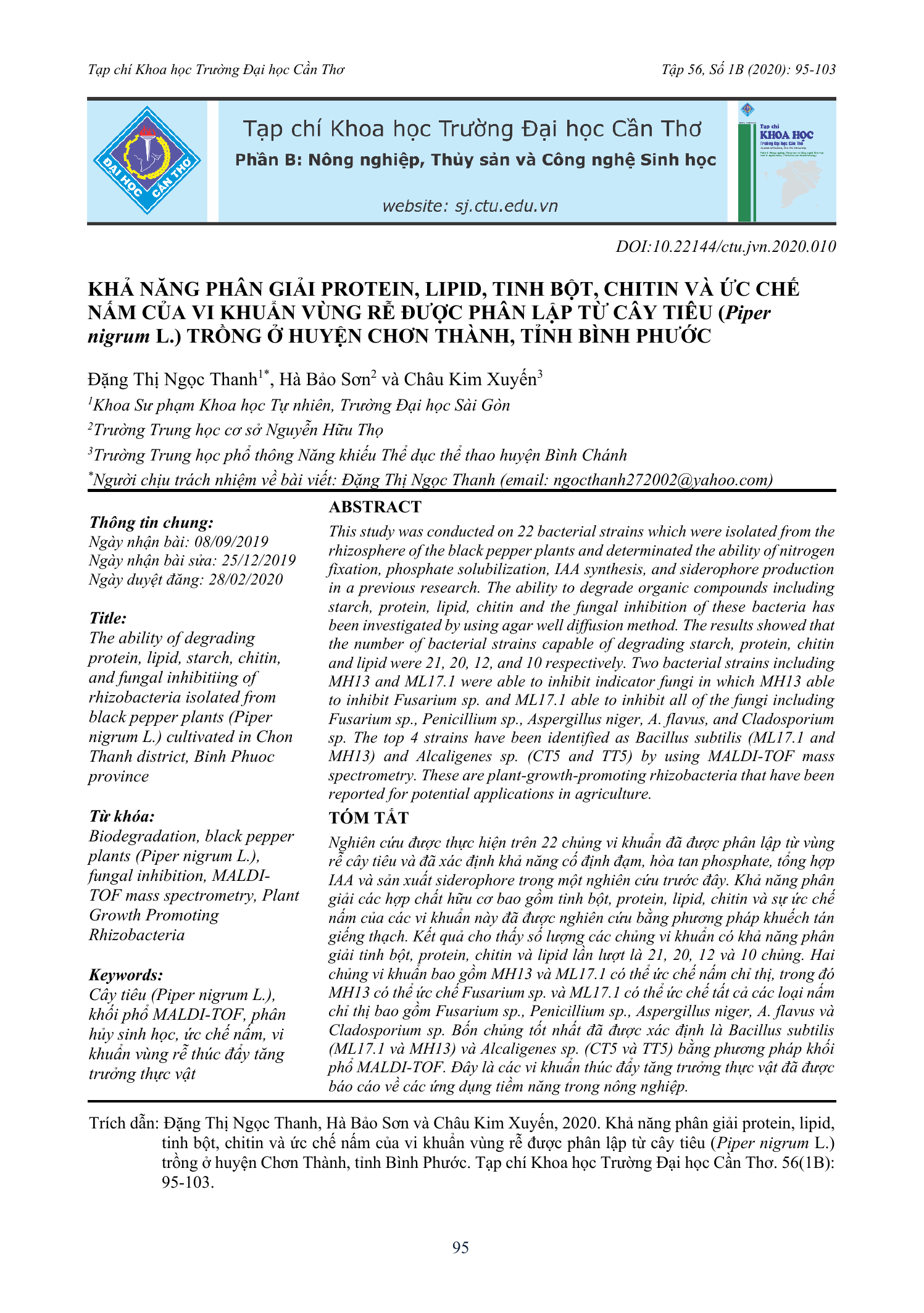 Khả năng phân giải protein, lipid, tinh bột, chitin và ức chế nấm của vi khuẩn vùng rễ được phân lập từ cây tiêu (Piper nigrum L.) trồng ở huyện Chơn Thành, tỉnh Bình Phước