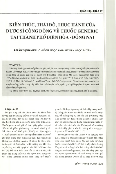 Kiến thức, thái độ, thực hành của dược sĩ cộng đồng về thuốc generic tại Biên Hoà - Đồng Nai