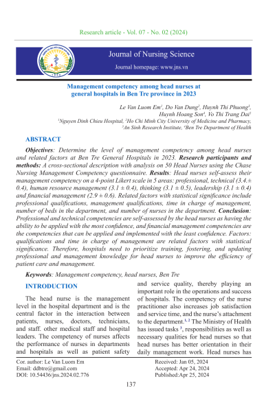 Management competency among head nurses at general hospitals in Ben Tre province in 2023