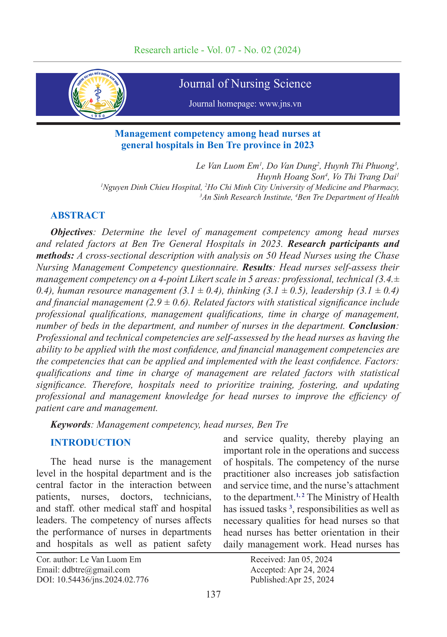Management competency among head nurses at general hospitals in Ben Tre province in 2023