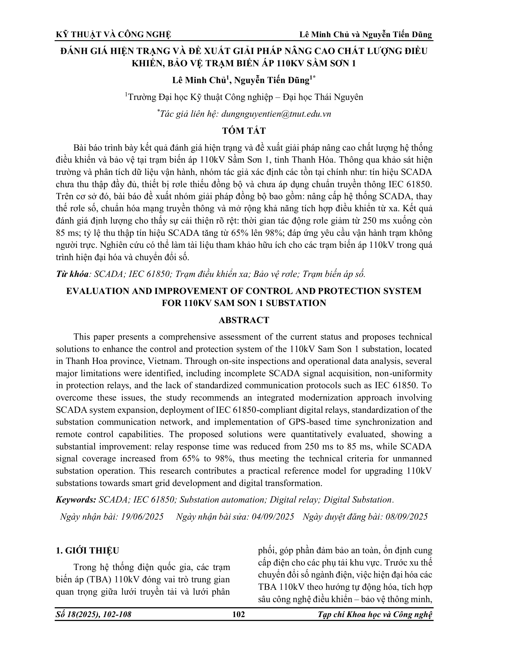 Đánh giá hiện trạng và đề xuất giải pháp nâng cao chất lượng điều khiển, bảo vệ trạm biến áp 110kV Sầm Sơn 1