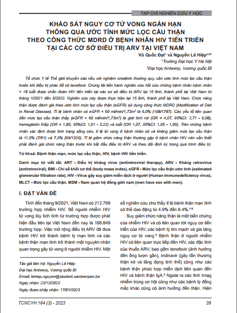 Khảo sát nguy cơ tử vong ngắn hạn thông qua ước tính mức lọc cầu thận theo công thức mdrd ở bệnh nhân HIV tiến triển tại các cơ sở điều trị ARV tại vi