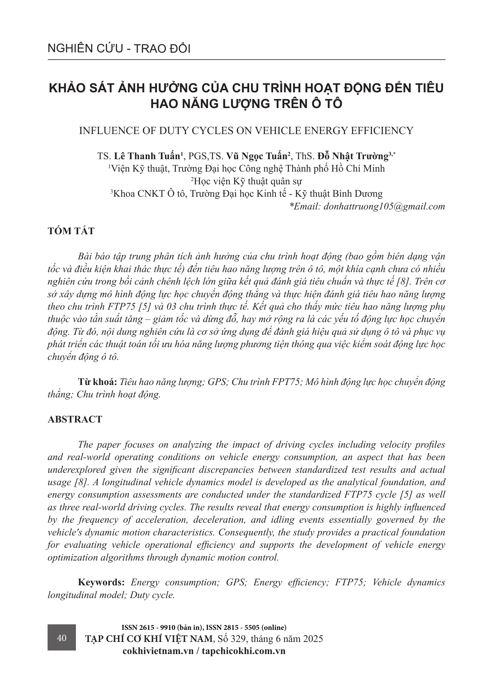 Khảo sát ảnh hưởng của chu trình hoạt động đến tiêu hao năng lượng trên ô tô