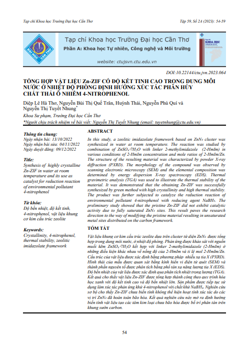 Tổng hợp vật liệu Zn-ZIF có độ kết tinh cao trong dung môi nước ở nhiệt độ phòng định hướng xúc tác phân hủy chất thải ô nhiễm 4-nitrophenol