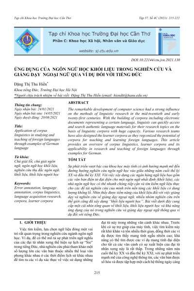 Ứng dụng của ngôn ngữ học khối liệu trong nghiên cứu và giảng dạy ngoại ngữ qua ví dụ đối với tiếng Đức