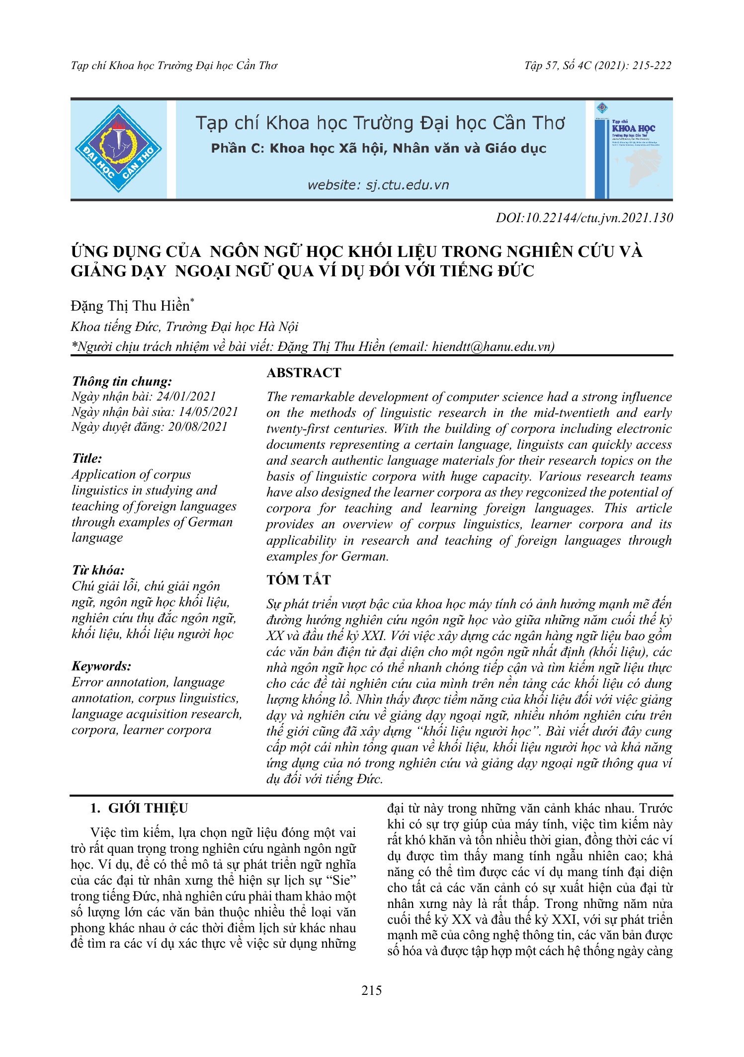 Ứng dụng của ngôn ngữ học khối liệu trong nghiên cứu và giảng dạy ngoại ngữ qua ví dụ đối với tiếng Đức
