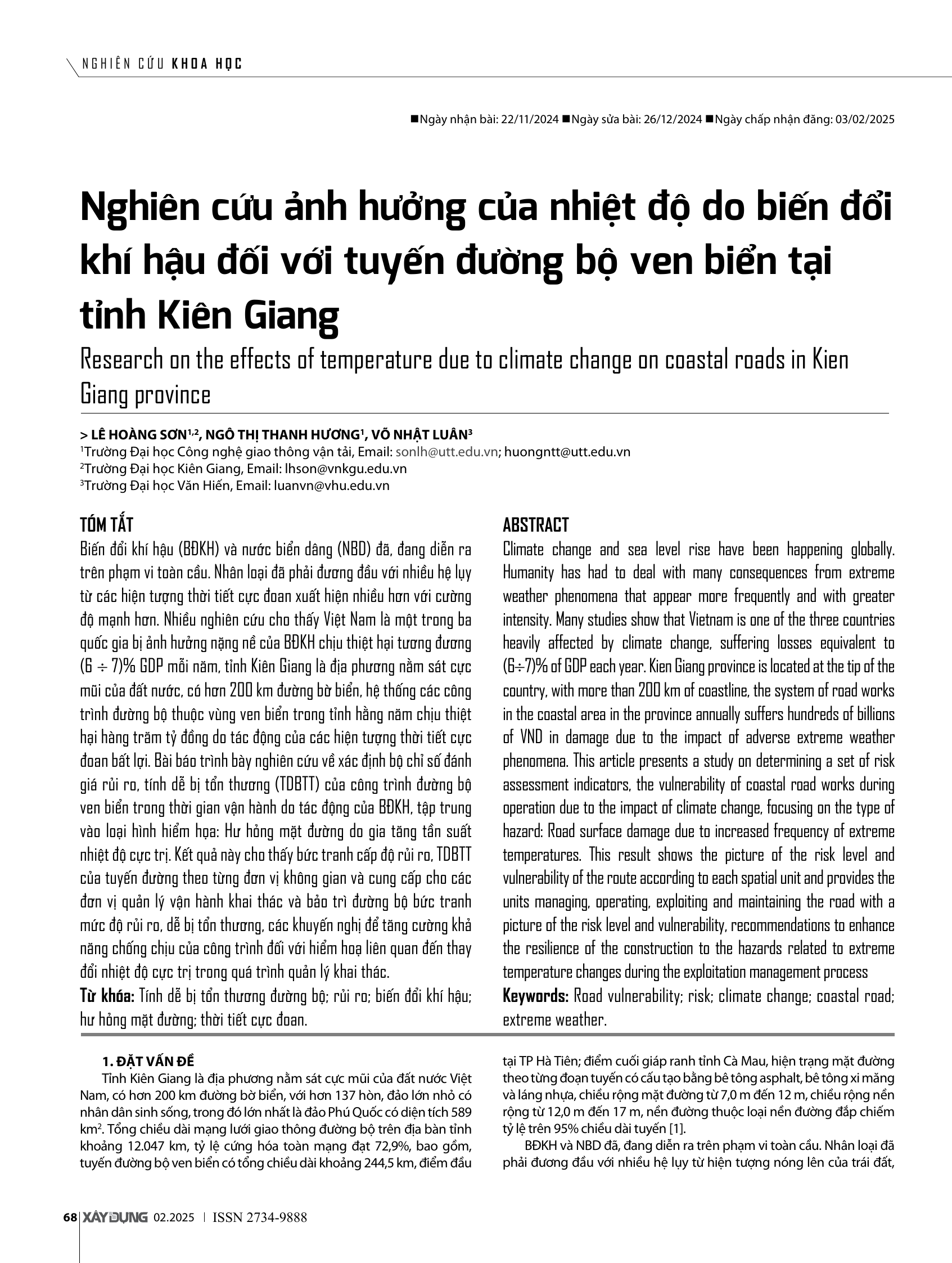 Nghiên cứu ảnh hưởng của nhiệt độ do biến đổi khí hậu đối với tuyến đường bộ ven biển tại tỉnh Kiên Giang