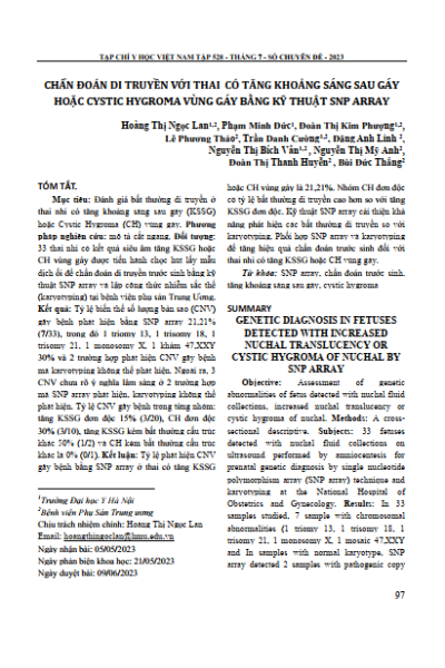 Chẩn đoán di truyền với thai có tăng khoảng sáng sau gáy hoặc CYSTIC HYGROMA vùng gáy bằng kỹ thuật SNP ARRAY