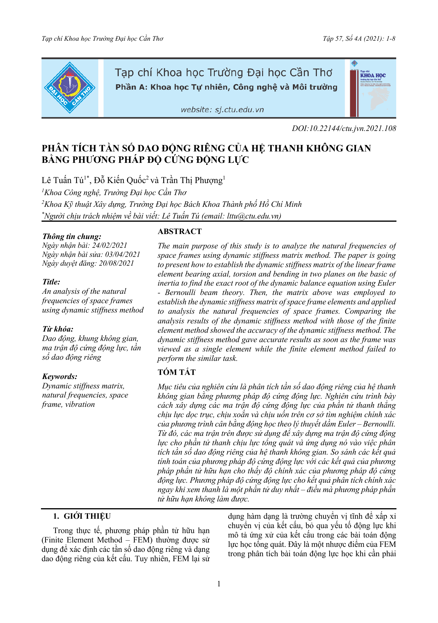 Phân tích tần số dao động riêng của hệ thanh không gian bằng phương pháp độ cứng động lực