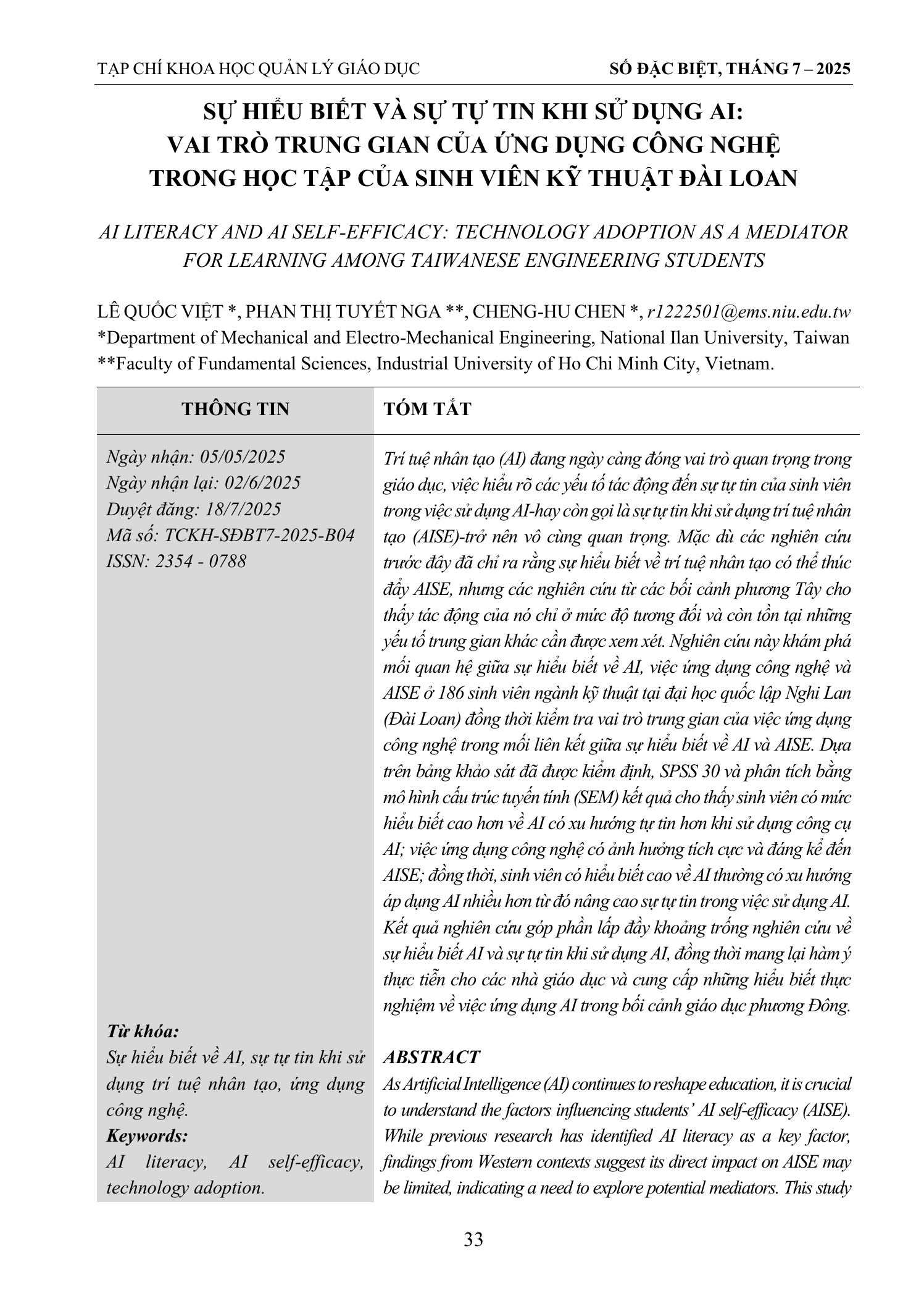 Sự hiểu biết và sự tự tin khi sử dụng AI: Vai trò trung gian của ứng dụng công nghệ trong học tập của sinh viên kỹ thuật Đài Loan