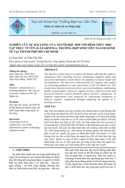 Nghiên cứu sự hài lòng của người học đối với hình thức học tập trực tuyến (E-learning): Trường hợp sinh viên ngành kinh tế tại Thành phố Hồ Chí Minh