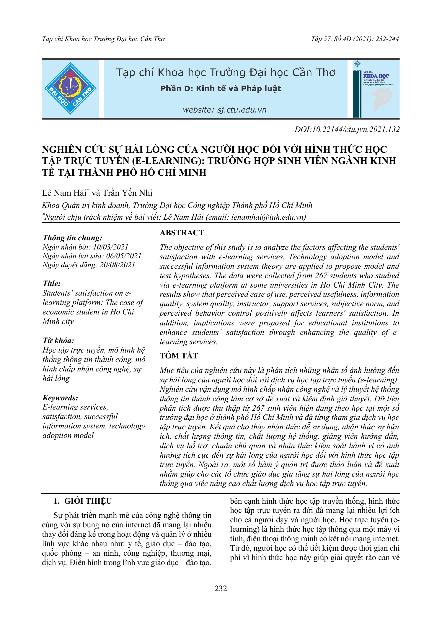 Nghiên cứu sự hài lòng của người học đối với hình thức học tập trực tuyến (E-learning): Trường hợp sinh viên ngành kinh tế tại Thành phố Hồ Chí Minh
