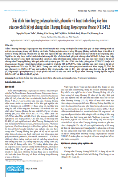 Xác định hàm lượng polysacc-haride, phenolic và hoạt tính chống ôxy hóa của cao chiết hệ sợi chủng nấm Thượng Hoàng Tropicoporus linteus NTH-PL3
