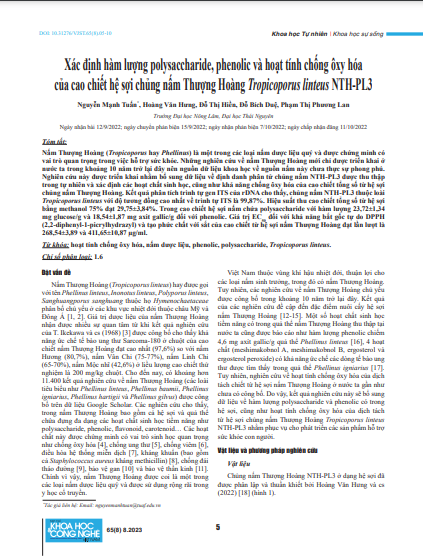 Xác định hàm lượng polysacc-haride, phenolic và hoạt tính chống ôxy hóa của cao chiết hệ sợi chủng nấm Thượng Hoàng Tropicoporus linteus NTH-PL3