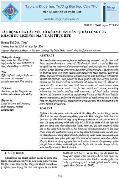Tác động của các yếu tố kéo và đẩy đến sự hài lòng của khách du lịch nội địa về ẩm thực Huế