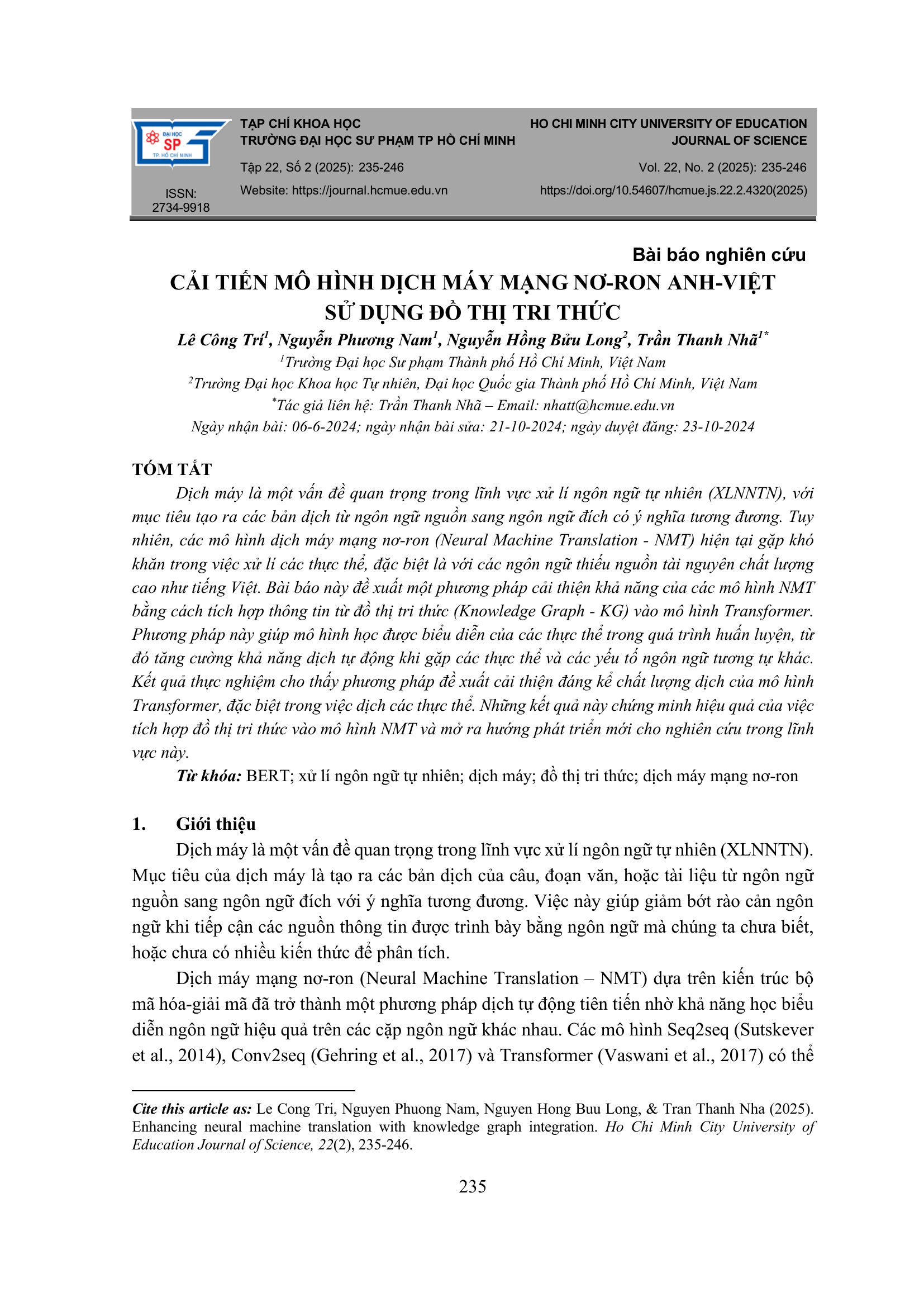 Cải tiến mô hình dịch máy mạng nơ-ron Anh–Việt sử dụng đồ thị tri thức