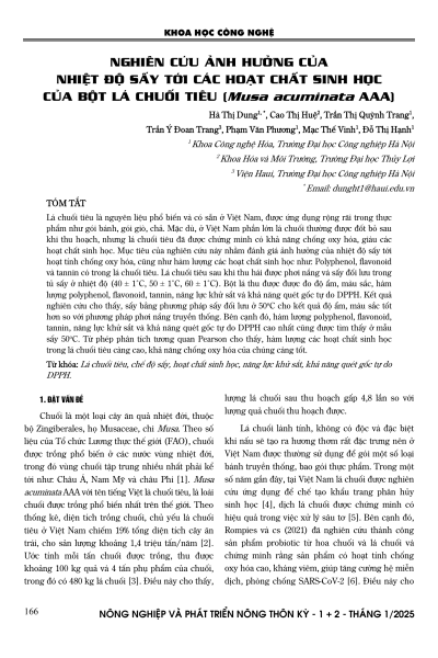 Nghiên cứu ảnh hưởng của nhiệt độ sấy tới các hoạt chất sinh học của bột lá chuối tiêu (Musa acuminata AAA)