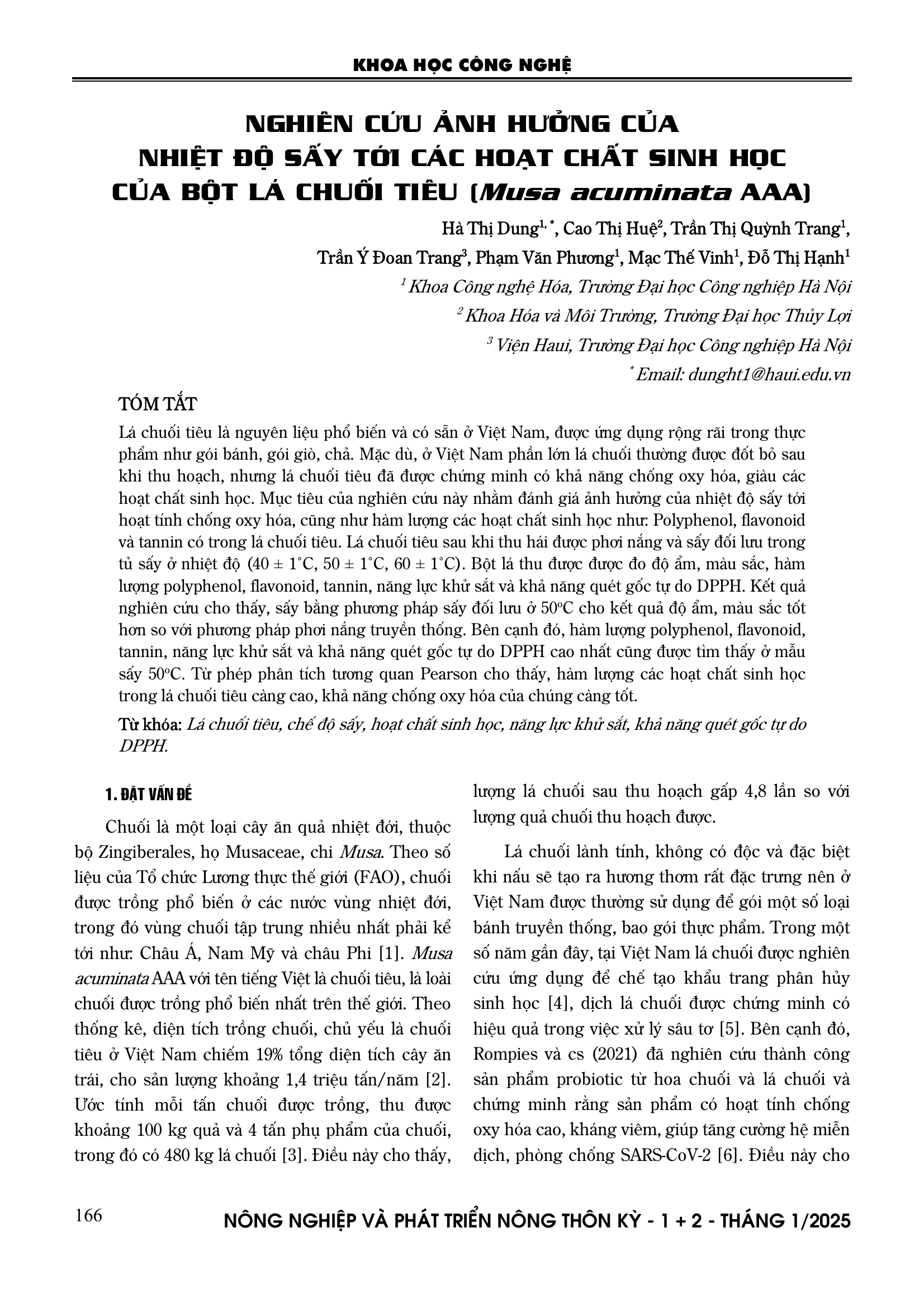 Nghiên cứu ảnh hưởng của nhiệt độ sấy tới các hoạt chất sinh học của bột lá chuối tiêu (Musa acuminata AAA)
