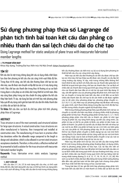 Sử dụng phương pháp thừa số Lagrange để phân tích tĩnh bài toán kết cấu dàn phẳng có nhiều thanh dàn sai lệch chiều dài do chế tạo