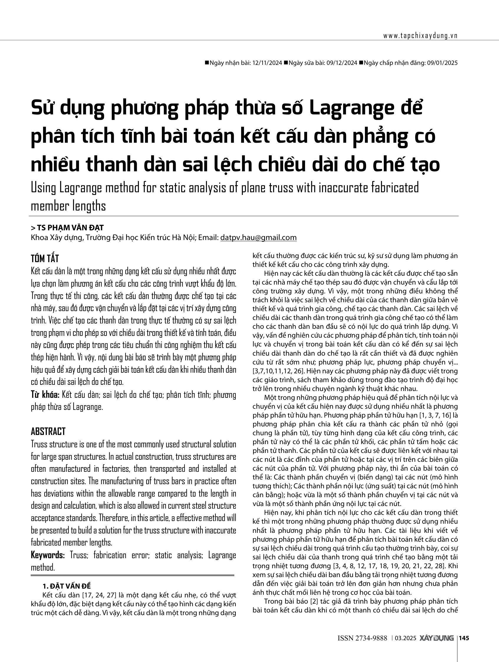 Sử dụng phương pháp thừa số Lagrange để phân tích tĩnh bài toán kết cấu dàn phẳng có nhiều thanh dàn sai lệch chiều dài do chế tạo