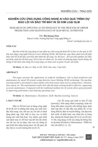 Nghiên cứu ứng dụng công nghệ AI vào quá trình dự báo lỗi và bảo trì máy in 3D kim loại SLM