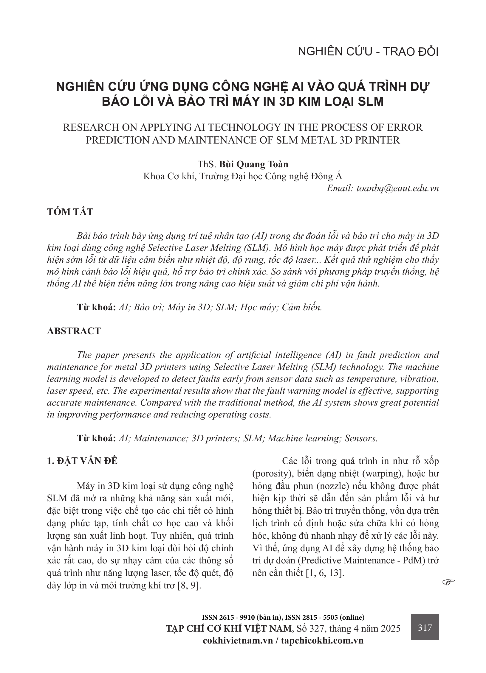 Nghiên cứu ứng dụng công nghệ AI vào quá trình dự báo lỗi và bảo trì máy in 3D kim loại SLM