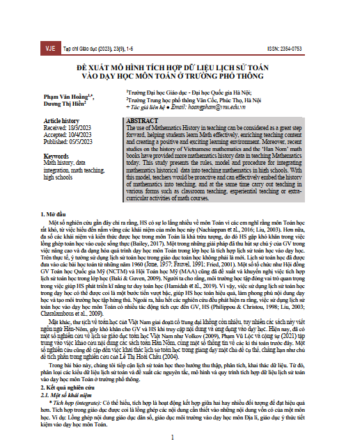 Đề xuất mô hình tích hợp dữ liệu lịch sử toán vào dạy học môn toán ở trường phổ thông