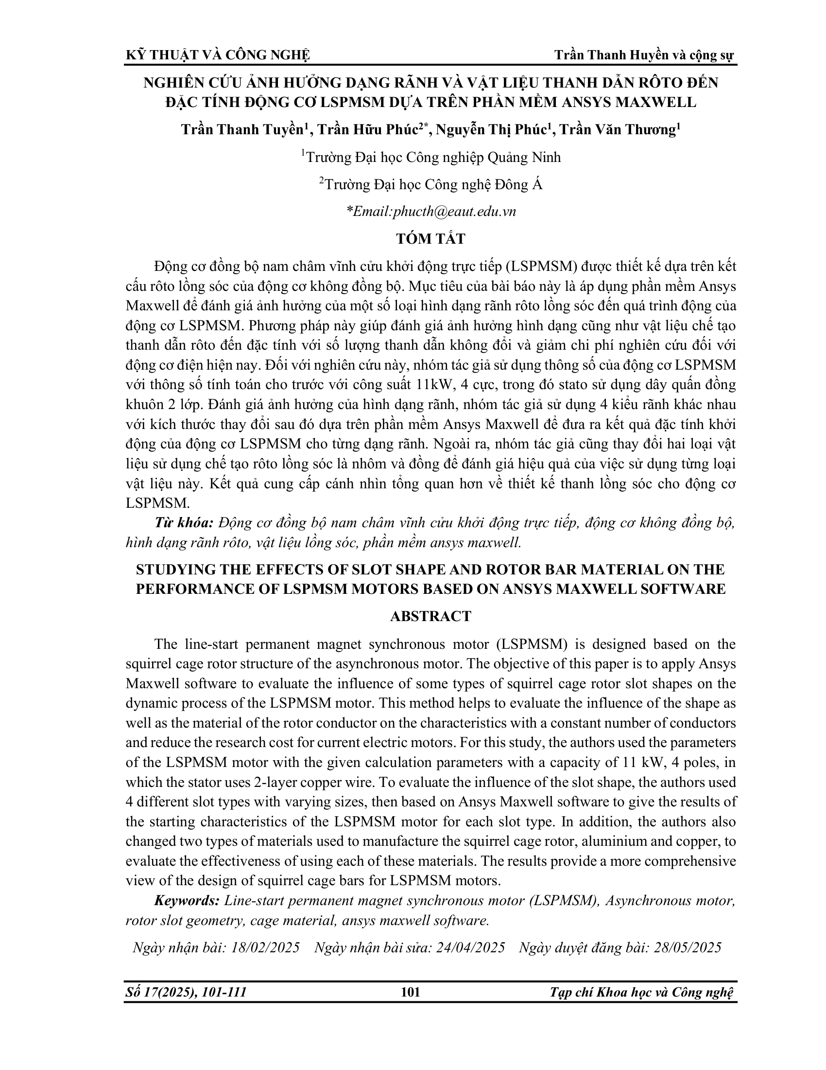 Nghiên cứu ảnh hưởng dạng rãnh và vật liệu thanh dẫn rôto đến đặc tính động cơ LSPMSM dựa trên phần mềm Ansys Maxwell
