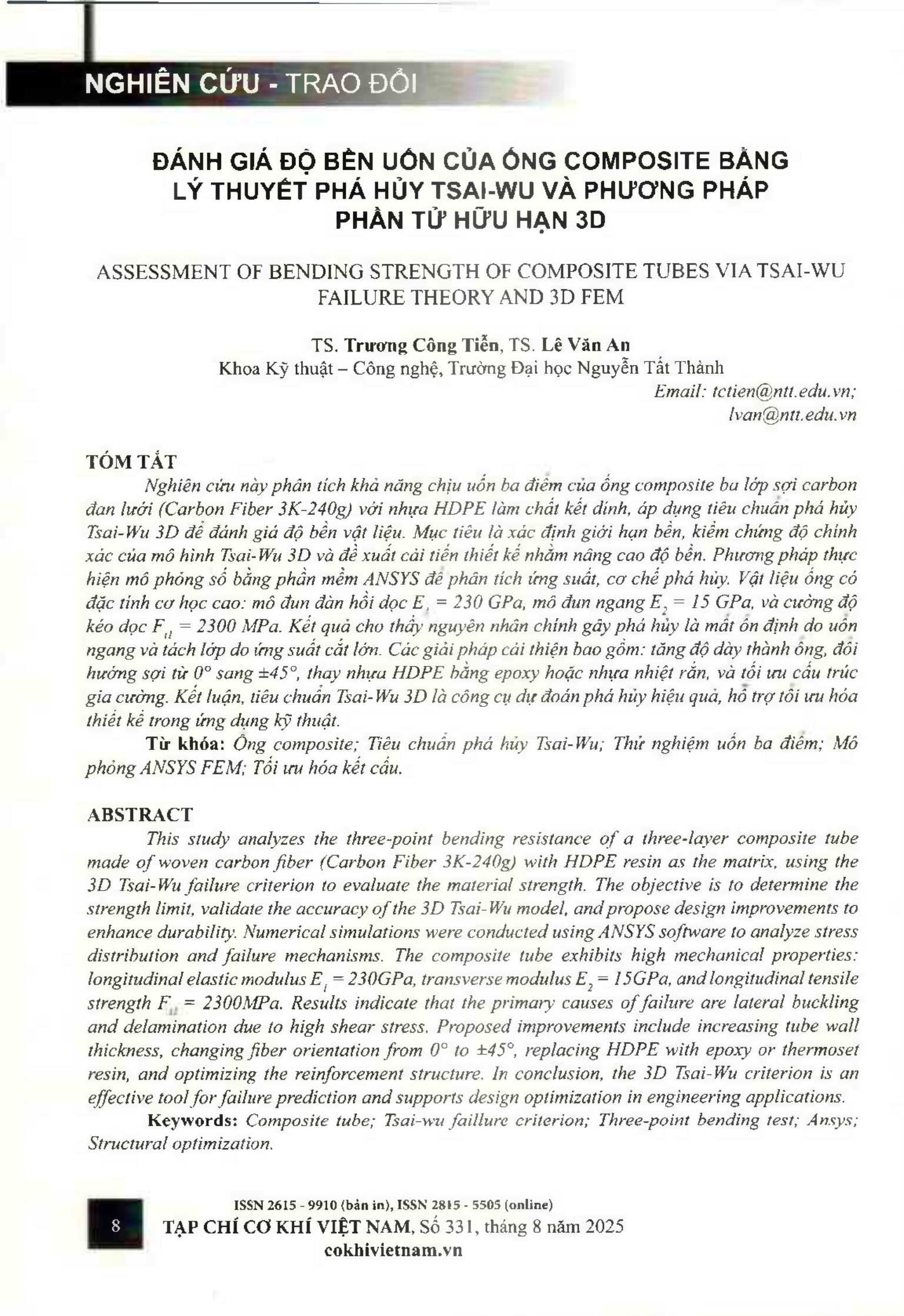 Đánh giá độ bền uốn của ống composite bằng lý thuyết phá hủy Tsai-Wu và phương pháp phần tử hữu hạn 3D