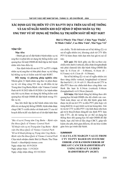 Xác định giá trị biên từ CTV ra PTV dựa trên sai số hệ thống và sai số ngẫu nhiên khi đặt bệnh ở bệnh nhân xạ trị ung thư vú sử dụng hệ thống xạ trị kiểm soát bề mặt SGRT
