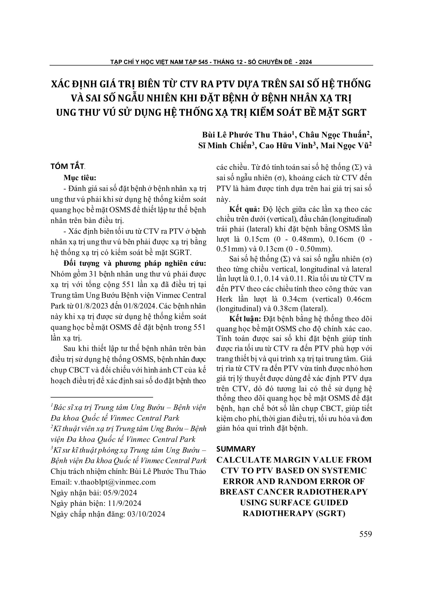 Xác định giá trị biên từ CTV ra PTV dựa trên sai số hệ thống và sai số ngẫu nhiên khi đặt bệnh ở bệnh nhân xạ trị ung thư vú sử dụng hệ thống xạ trị kiểm soát bề mặt SGRT